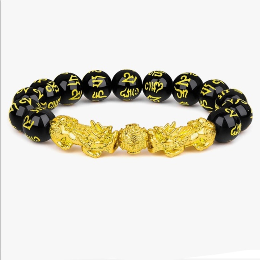 Feng Shui Black Obsidian Wealth Bracelet 12mm Beaded Pi Xiu Bracelet